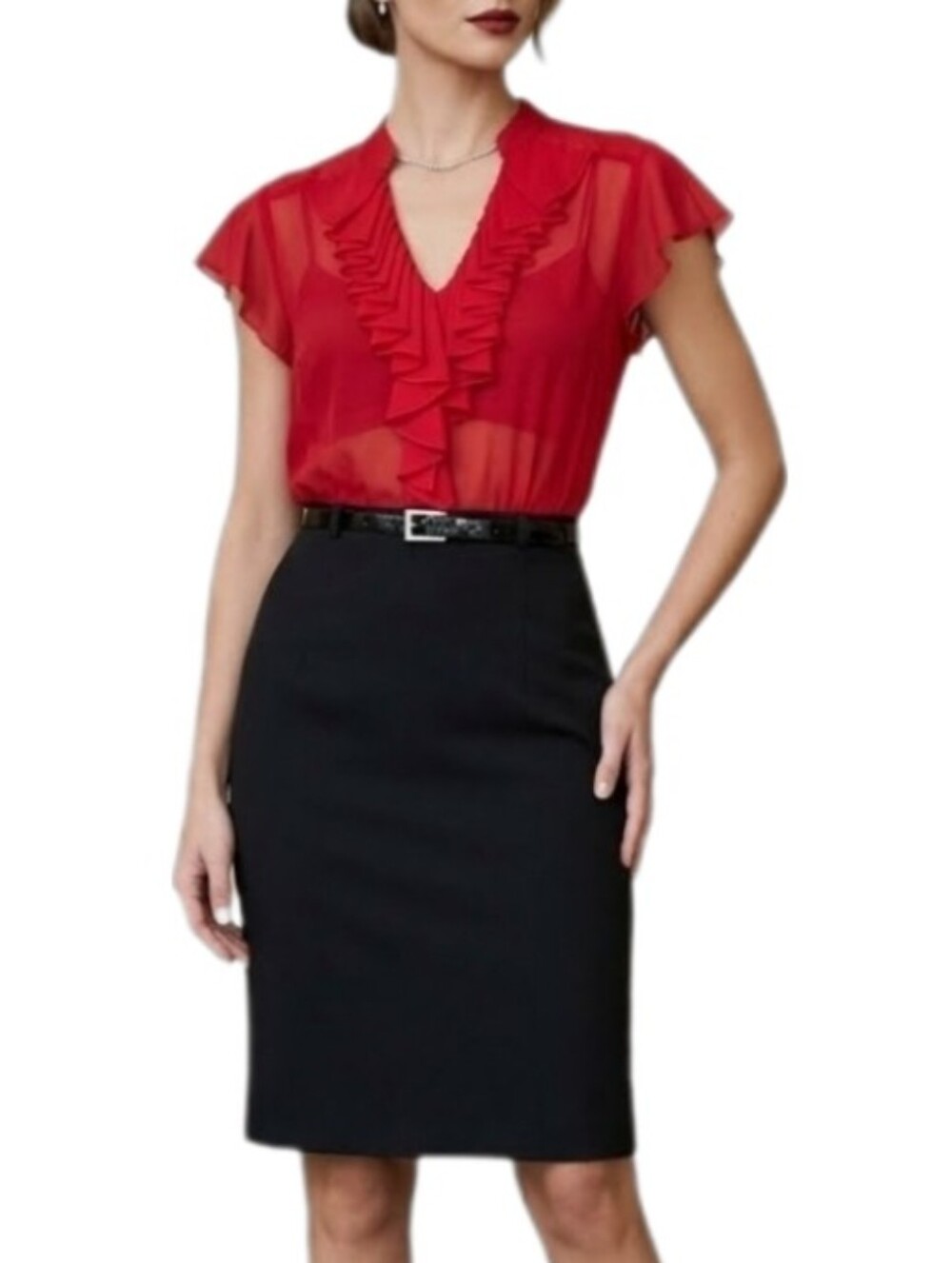 Alyx Limited Dress Sheath Solid with  Semi-Sheer Bodice Ruffle Sleeve Red Size 8